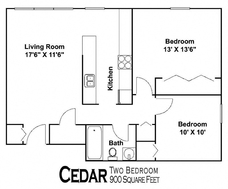 Floor plan for 2 beds, 1 bath, 900 sqft